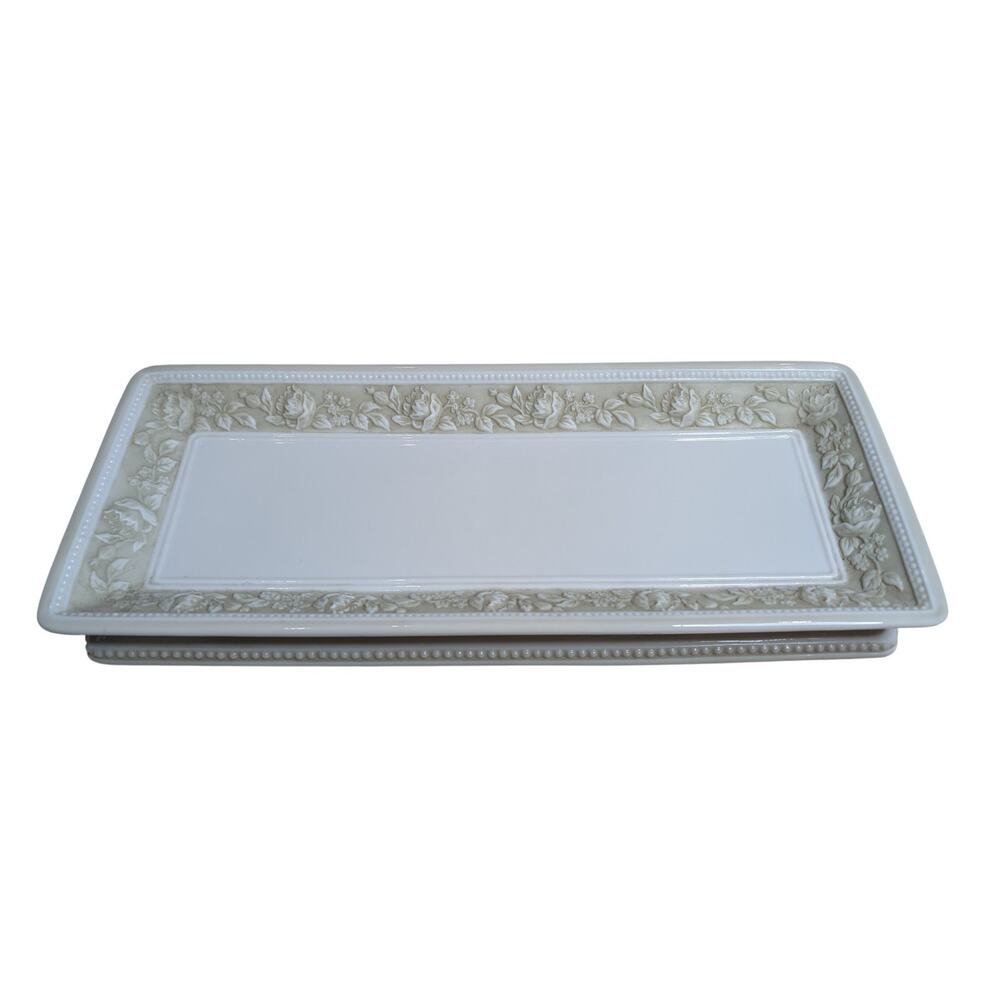 Vintage Cream Floral Rectangular Serving Platter Beaded Edges Canterbury Tray